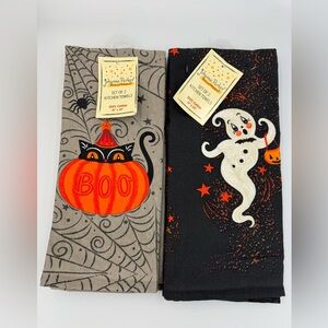 Johanna Parker Halloween Kitchen Towels Lot 2 Sets Cat Pumpkin Ghost NWT